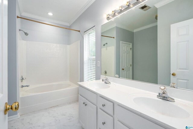 1656 Deer Valley Rd, Hoover, AL 35226 - full bath featuring crown molding, shower / tub combination, marble finish floors, and double vanity
