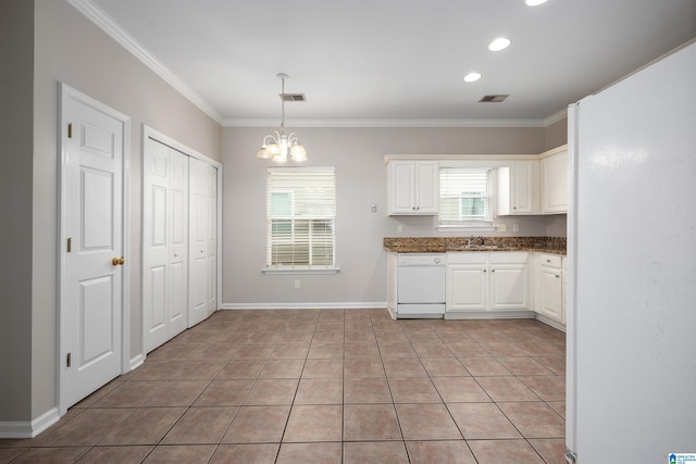 1656 Deer Valley Rd, Hoover, AL 35226 - kitchen featuring white dishwasher, a chandelier, ornamental molding, white cabinetry, and a sink