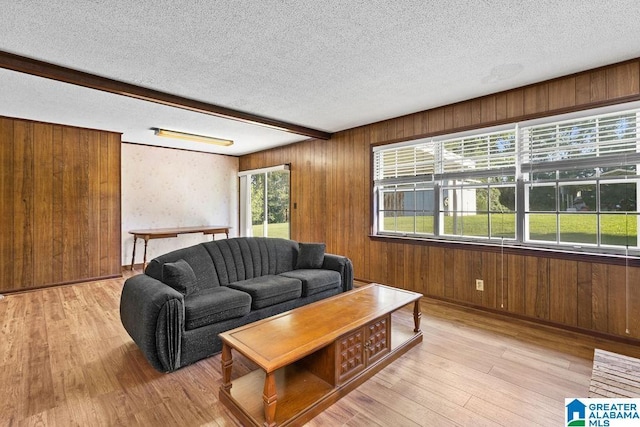 5241 County Road 48, Jemison, AL 35085 - living area featuring light wood finished floors, a textured ceiling, beam ceiling, and wooden walls