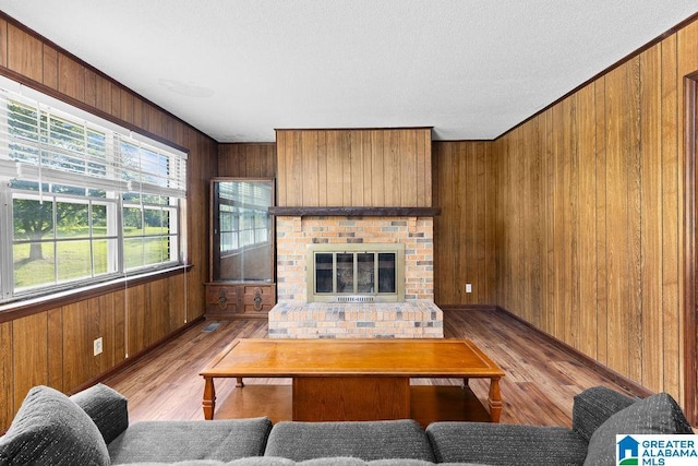 5241 County Road 48, Jemison, AL 35085 - living area with wooden walls, wood finished floors, baseboards, a textured ceiling, and a fireplace