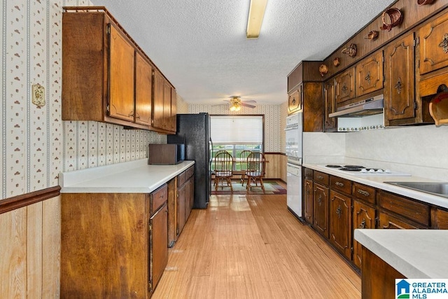 5241 County Road 48, Jemison, AL 35085 - kitchen with wallpapered walls, under cabinet range hood, light wood-type flooring, a textured ceiling, and a ceiling fan