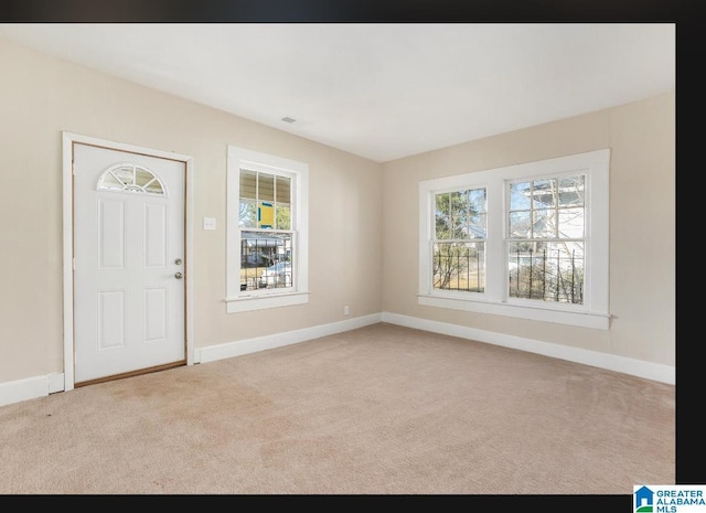 entryway with carpet flooring, plenty of natural light, and baseboards