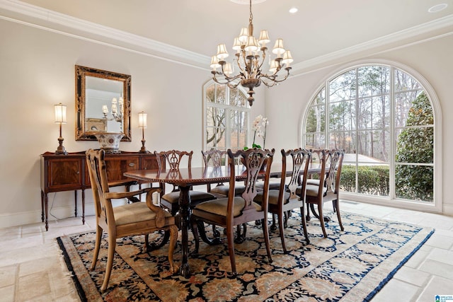 4035 Saint Charles Dr, Hoover, AL 35242 - dining room featuring ornamental molding, a chandelier, baseboards, and recessed lighting