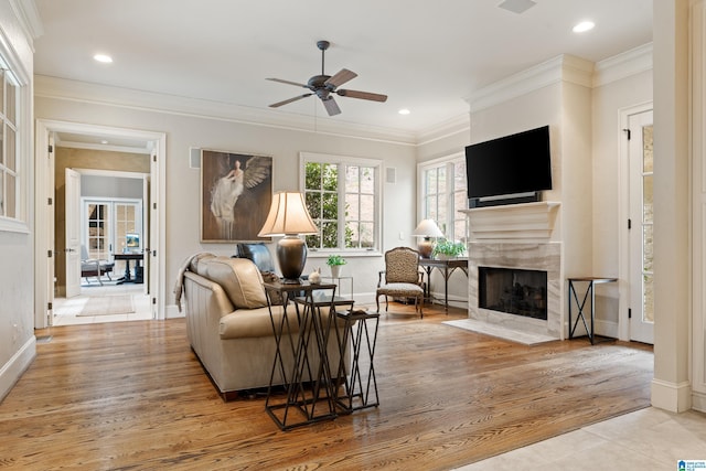 4035 Saint Charles Dr, Hoover, AL 35242 - living area featuring a ceiling fan, a tile fireplace, wood finished floors, recessed lighting, and baseboards