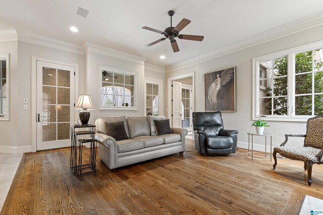 4035 Saint Charles Dr, Hoover, AL 35242 - living area featuring ceiling fan, baseboards, wood finished floors, crown molding, and recessed lighting