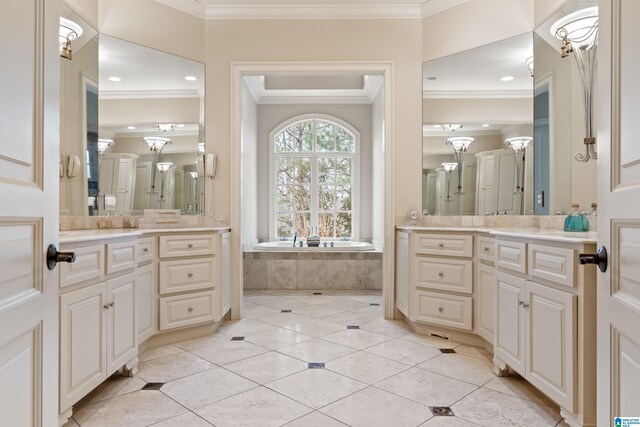 4035 Saint Charles Dr, Hoover, AL 35242 - full bath with ornamental molding, tile patterned flooring, a bath, vanity, and recessed lighting