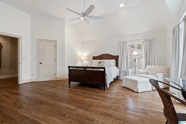 4035 Saint Charles Dr, Hoover, AL 35242 - bedroom with wood finished floors, baseboards, high vaulted ceiling, and a ceiling fan