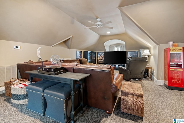 4035 Saint Charles Dr, Hoover, AL 35242 - carpeted home theater room with a ceiling fan and vaulted ceiling