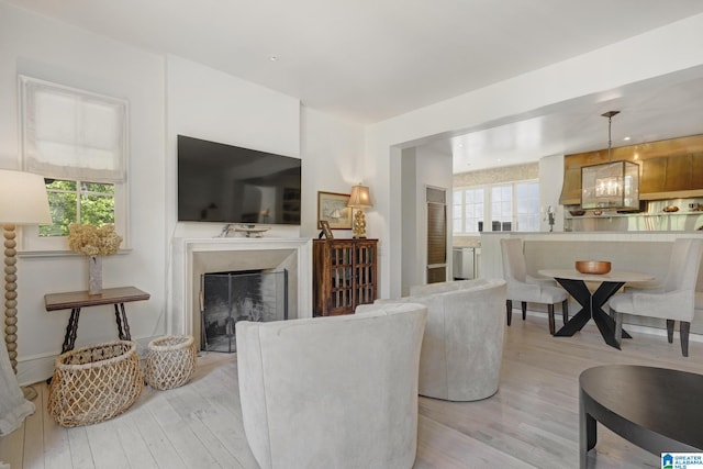 living area featuring healthy amount of natural light, light wood-type flooring, and a fireplace