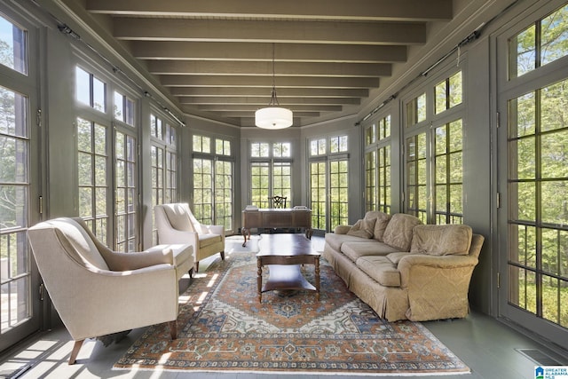 sunroom with french doors and beamed ceiling