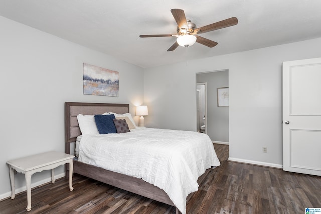 bedroom with baseboards, wood finished floors, and ceiling fan