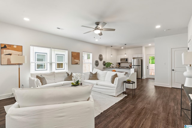 2213 3rd Ave S, Irondale, AL 35210 - living area featuring a ceiling fan, dark wood finished floors, recessed lighting, and baseboards