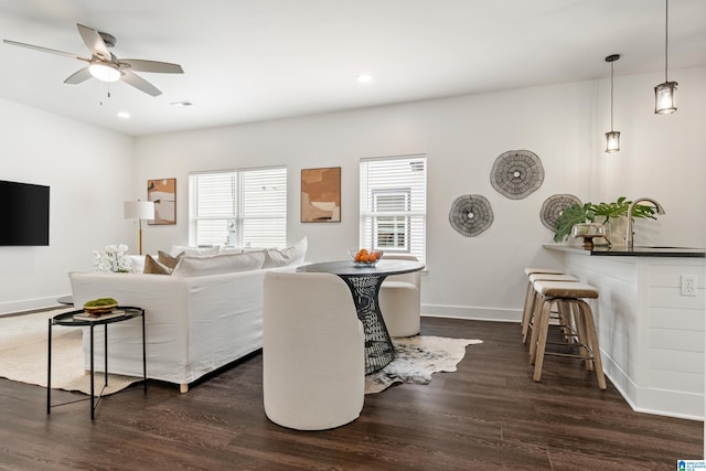 2213 3rd Ave S, Irondale, AL 35210 - living room featuring dark wood-type flooring, a ceiling fan, baseboards, and recessed lighting