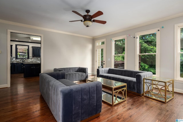 5308 Hickory Trce, Hoover, AL 35244 - living room with ceiling fan, ornamental molding, dark wood-style flooring, and baseboards