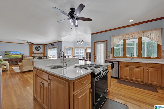 154 Baron Dr, Chelsea, AL 35043 - kitchen with a sink, black / electric stove, stainless steel dishwasher, ceiling fan, and ornamental molding