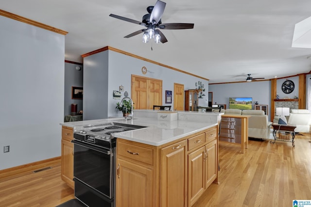 154 Baron Dr, Chelsea, AL 35043 - kitchen featuring a ceiling fan, black / electric stove, ornamental molding, light wood-style floors, and open floor plan