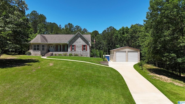 154 Baron Dr, Chelsea, AL 35043 - ranch-style house featuring an outdoor structure, a garage, a porch, a front lawn, and brick siding