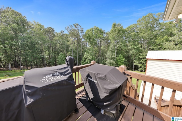 154 Baron Dr, Chelsea, AL 35043 - wooden terrace with a view of trees and a grill
