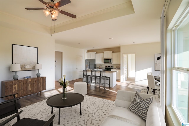 561 Boxwood Bnd, Calera, AL 35040 - living area featuring light wood-type flooring, a ceiling fan, baseboards, ornamental molding, and a tray ceiling