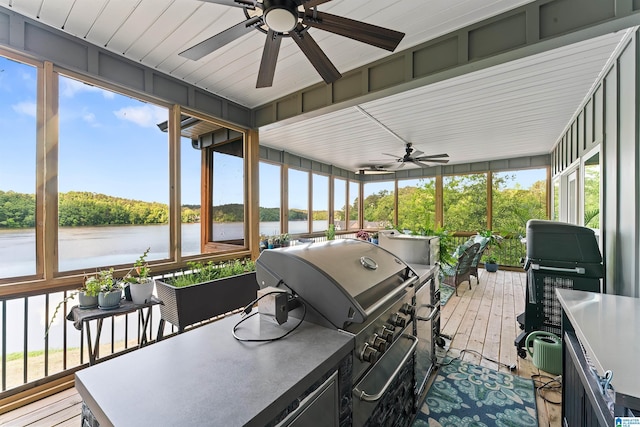 7 Stillwaters Trl, Sylacauga, AL 35151 - sunroom / solarium with a ceiling fan, a water view, and healthy amount of natural light