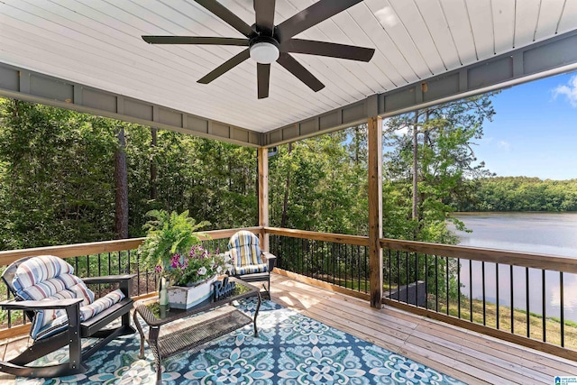 7 Stillwaters Trl, Sylacauga, AL 35151 - deck featuring ceiling fan, a water view, and outdoor lounge area