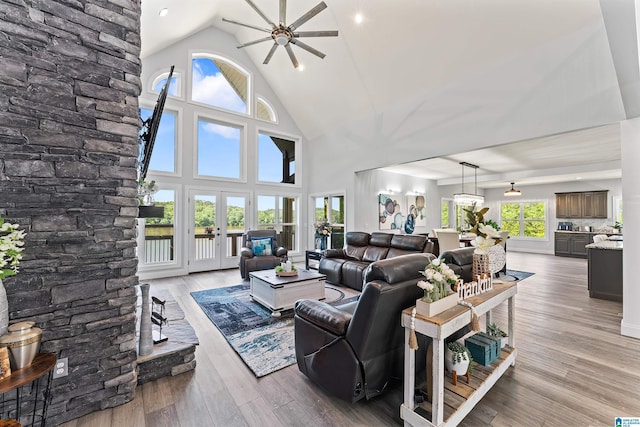 7 Stillwaters Trl, Sylacauga, AL 35151 - living area with a ceiling fan, high vaulted ceiling, and light wood-style floors