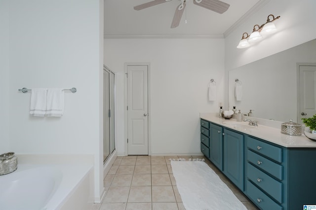full bathroom with ornamental molding, ceiling fan, a shower stall, vanity, and tile patterned flooring