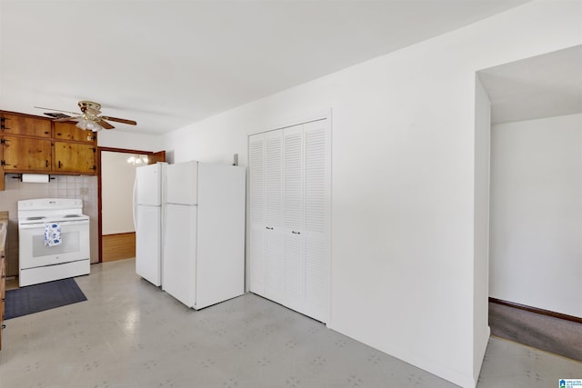 kitchen featuring white appliances, a ceiling fan, brown cabinetry, and decorative backsplash