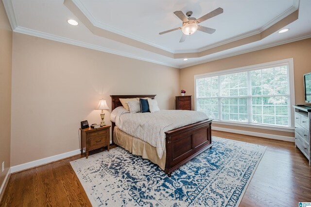 254 Macdonald Lake Rd, Springville, AL 35146 - bedroom featuring a raised ceiling, light wood-type flooring, baseboards, ornamental molding, and recessed lighting