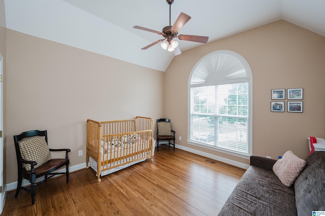 254 Macdonald Lake Rd, Springville, AL 35146 - bedroom featuring lofted ceiling, wood finished floors, baseboards, and ceiling fan