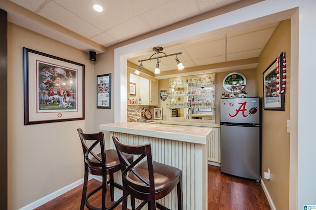 254 Macdonald Lake Rd, Springville, AL 35146 - indoor bar featuring freestanding refrigerator, a paneled ceiling, baseboards, dark wood-style flooring, and track lighting