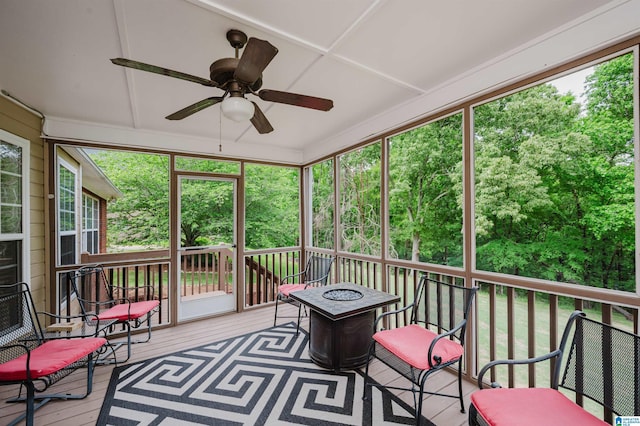 254 Macdonald Lake Rd, Springville, AL 35146 - sunroom featuring a fire pit and a ceiling fan