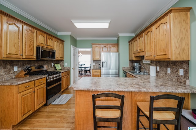 254 Macdonald Lake Rd, Springville, AL 35146 - kitchen featuring appliances with stainless steel finishes, a sink, a peninsula, light wood finished floors, and a breakfast bar