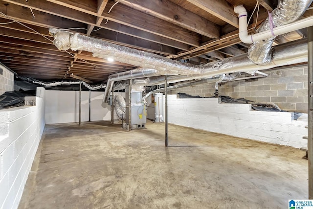 1324 Laurence St, Irondale, AL 35210 - unfinished below grade area featuring gas water heater, heating unit, and concrete block wall