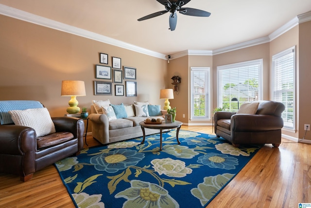 living area featuring wood finished floors, baseboards, ornamental molding, and a ceiling fan