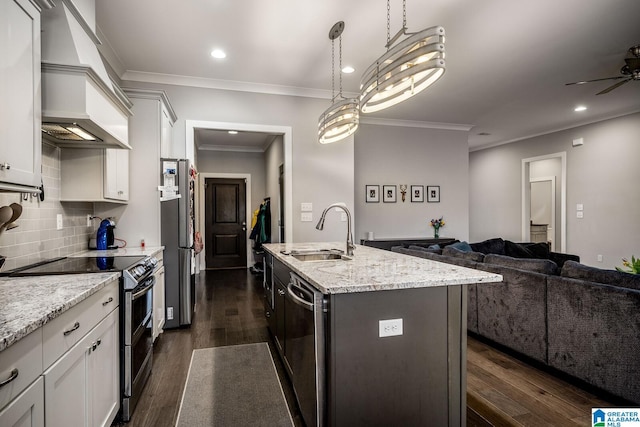 11411 Stella Way, Northport, AL 35475 - kitchen with a sink, custom exhaust hood, appliances with stainless steel finishes, open floor plan, and crown molding