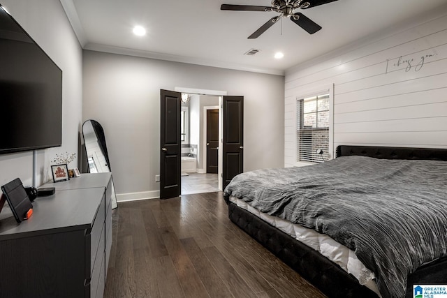 11411 Stella Way, Northport, AL 35475 - bedroom with dark wood-type flooring, ornamental molding, recessed lighting, baseboards, and connected bathroom