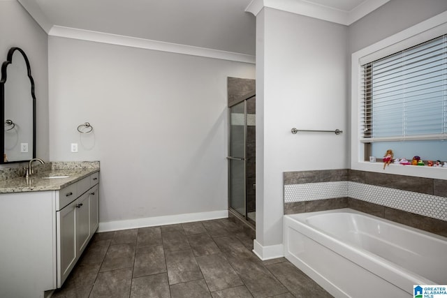 11411 Stella Way, Northport, AL 35475 - full bath featuring vanity, a stall shower, a bath, baseboards, and crown molding