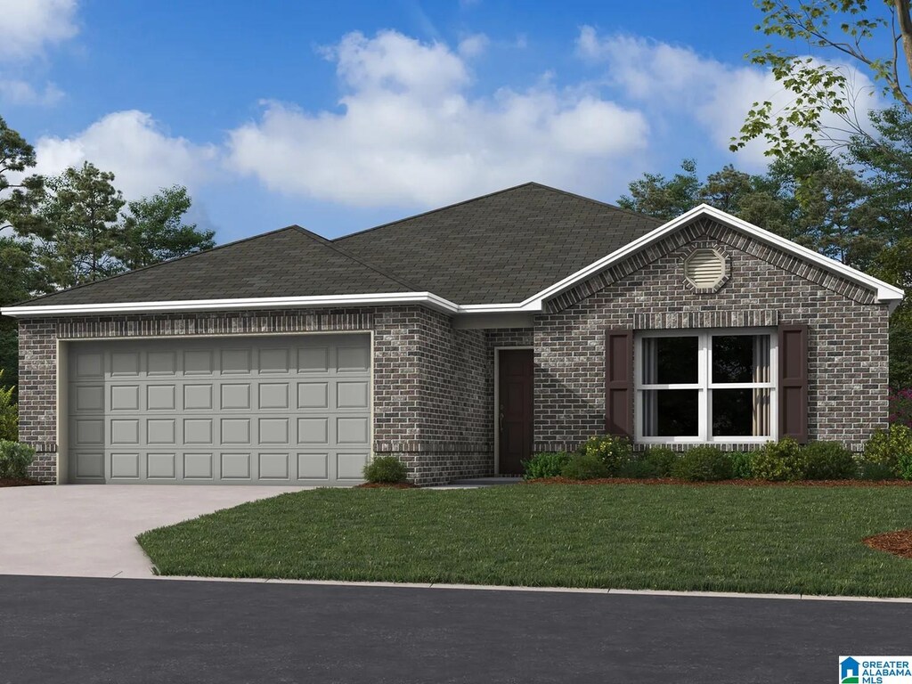 single story home with brick siding, driveway, an attached garage, and a front lawn