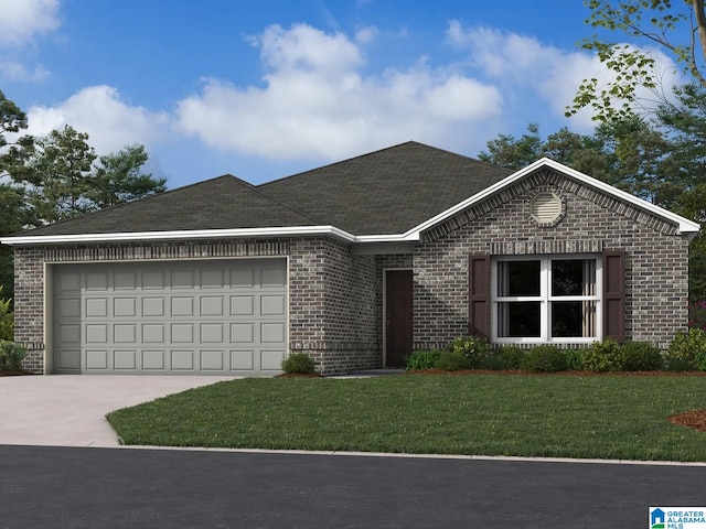 single story home with brick siding, driveway, an attached garage, and a front lawn