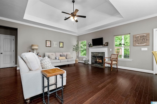 300 Braddock Rd W, Springville, AL 35146 - living area featuring ceiling fan, a tray ceiling, a stone fireplace, baseboards, and wood finished floors