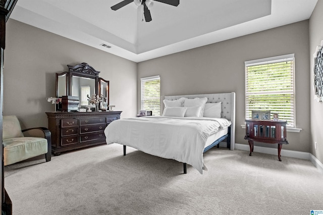 300 Braddock Rd W, Springville, AL 35146 - bedroom with carpet flooring, a ceiling fan, a tray ceiling, and baseboards