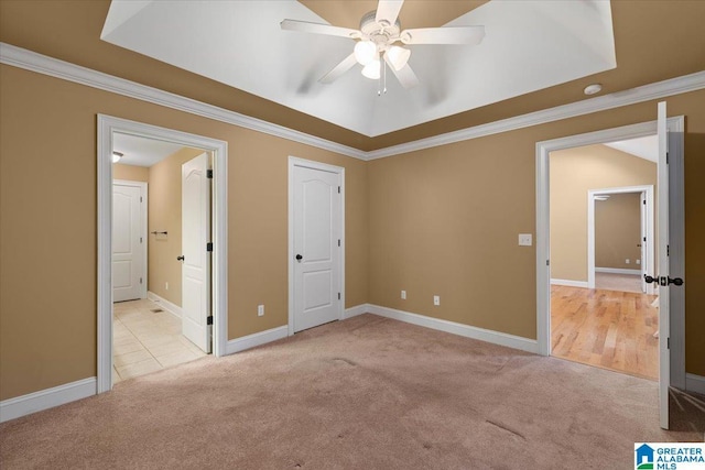 201 Hidden Meadows Dr, Hayden, AL 35079 - unfurnished bedroom with carpet floors, ornamental molding, baseboards, connected bathroom, and a ceiling fan