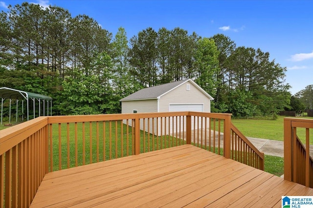201 Hidden Meadows Dr, Hayden, AL 35079 - wooden deck featuring a detached garage, an outdoor structure, a yard, and view of wooded area