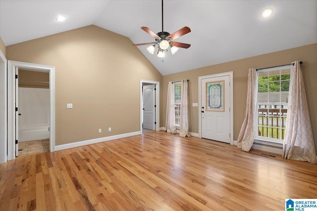 201 Hidden Meadows Dr, Hayden, AL 35079 - entrance foyer featuring a ceiling fan, light wood-style flooring, high vaulted ceiling, baseboards, and recessed lighting
