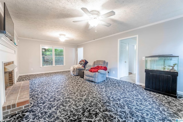 1201 Devonshire Dr NE, Jacksonville, AL 36265 - living area featuring a textured ceiling, baseboards, a fireplace, a ceiling fan, and carpet flooring