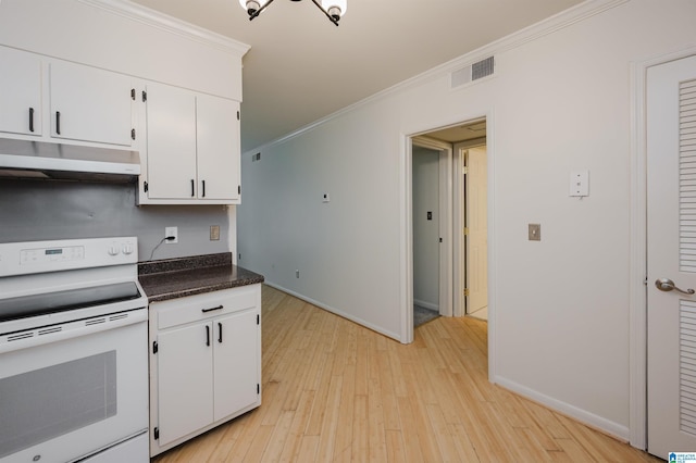 kitchen with white range with electric cooktop, under cabinet range hood, ornamental molding, light wood-style flooring, and white cabinetry