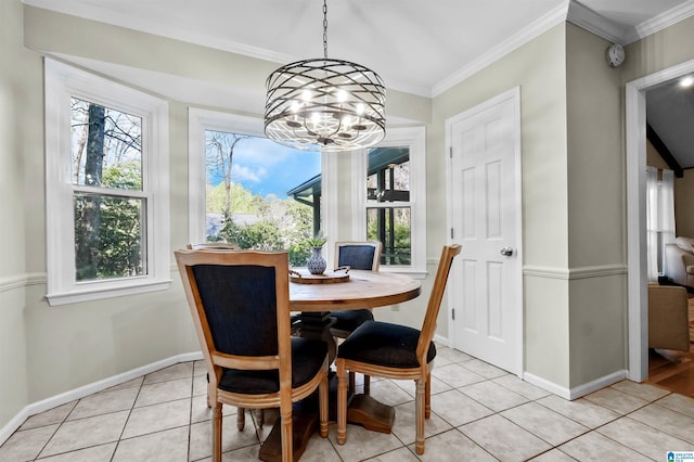 2673 Buckboard Rd, Birmingham, AL 35244 - dining space featuring a chandelier, light tile patterned flooring, baseboards, and crown molding