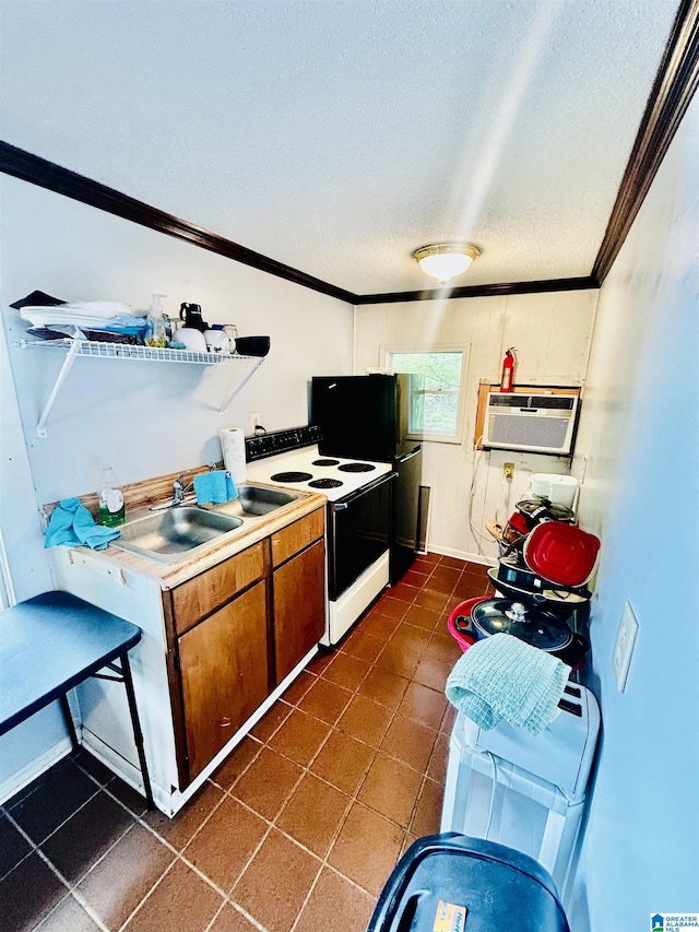 1 Annie Humber Rd, Adger, AL 35006 - kitchen with white electric stove, a textured ceiling, ornamental molding, light countertops, and dark tile patterned floors