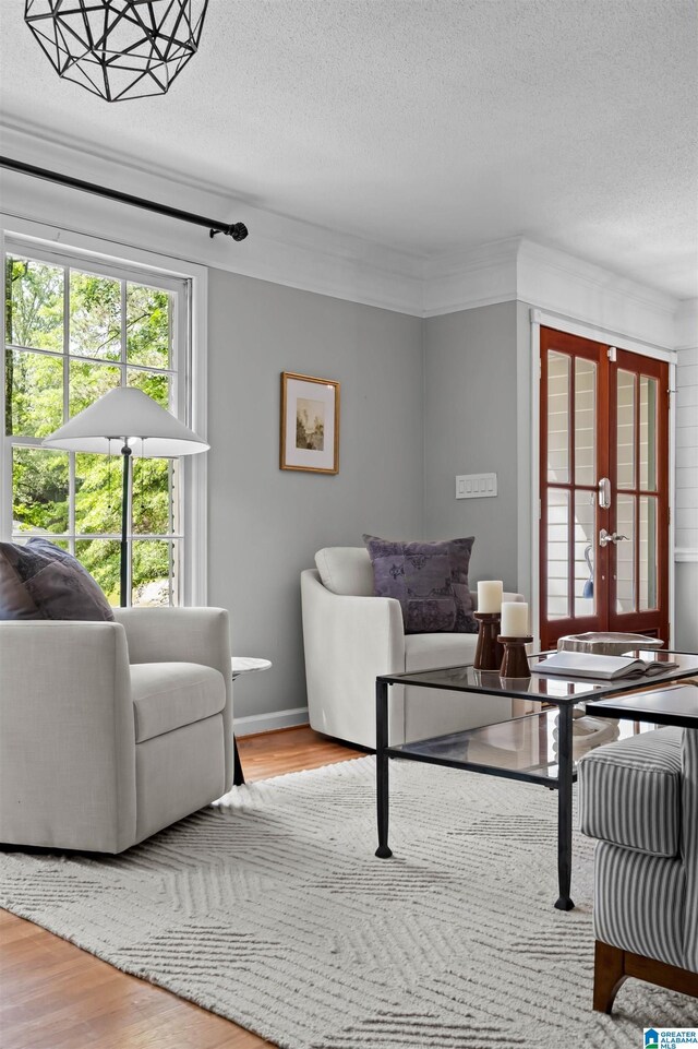 2208 Garland Dr, Vestavia Hills, AL 35216 - living room featuring a textured ceiling, plenty of natural light, french doors, wood finished floors, and ornamental molding
